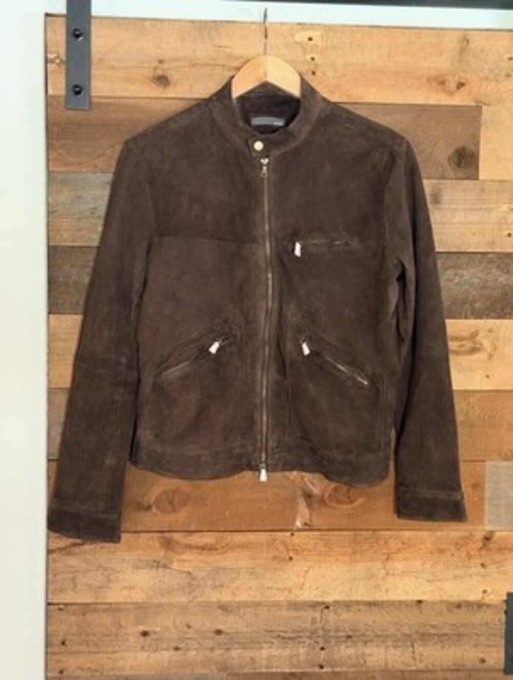 John Varvatos Suede Leather Jacket Men’s 50 Brown Goatskin Cafe Racer Distressed